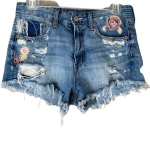 American Eagle Hi-Rise Festival Jean Shorts Destroyed Floral Blue Denim SZ 2
